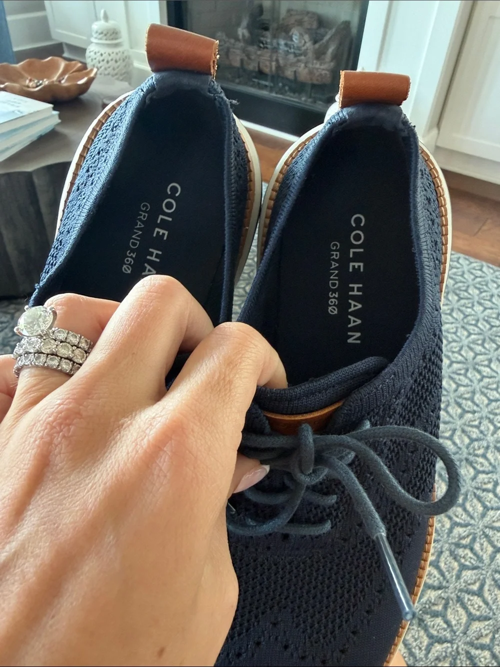Cole Haan Navy Knit Wingtip Derby with Tan Trim